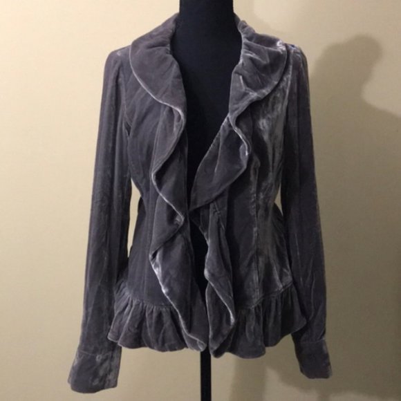Saks Fifth Avenue Velvet Ruffled-Front Blazer Jacket in Grey - Picture 2 of 7
